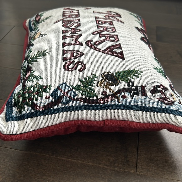 Vintage Burgundy Merry Christmas Pillow, Holiday Cushion, Embroidered Sofa Decor - Picture 3 of 7